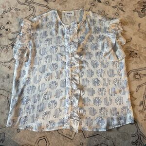 Koch White and Blue Ruffle Blouse